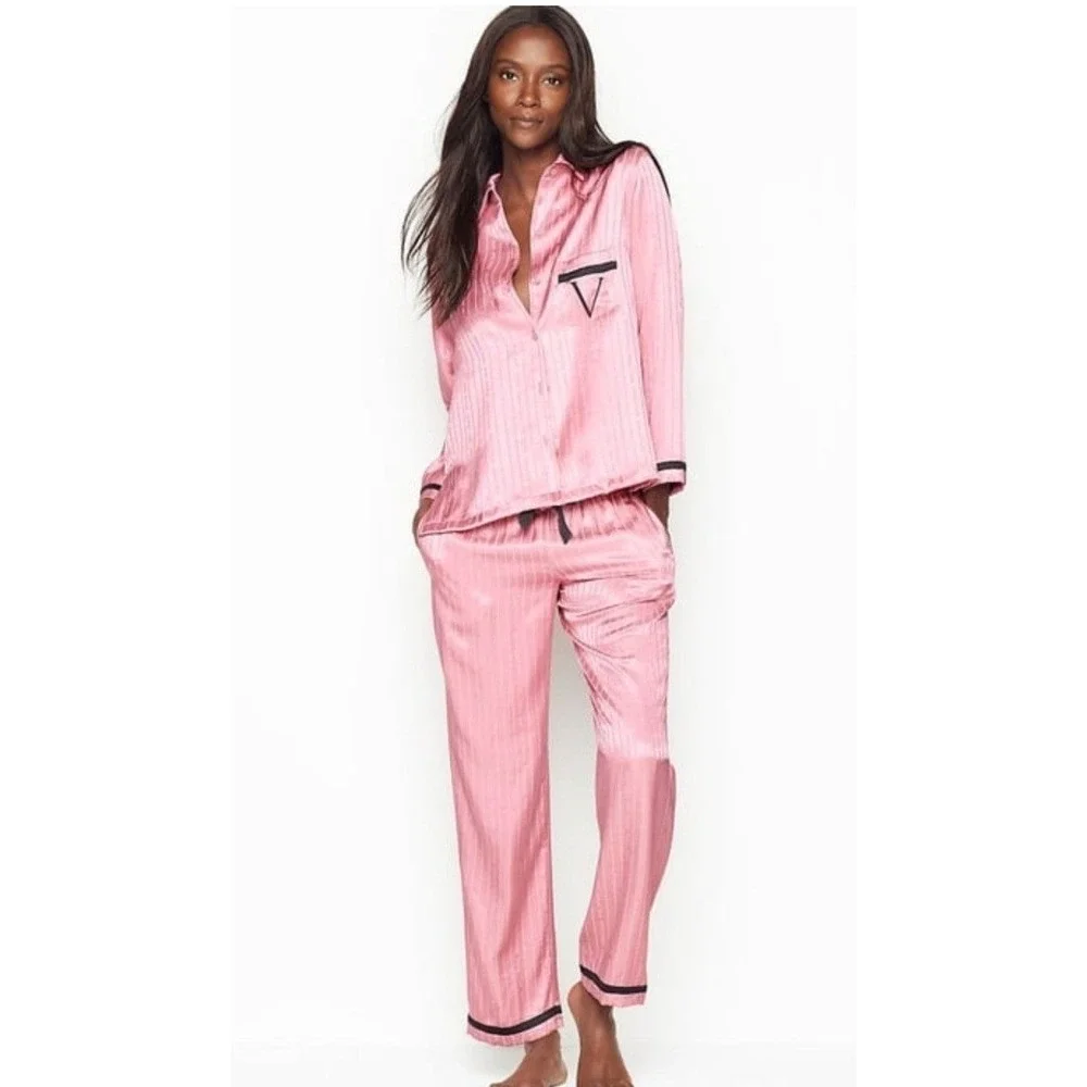 Victoria's Secret Pajama Matching Set Lg Pink Satin Striped Button Up Barbiecore